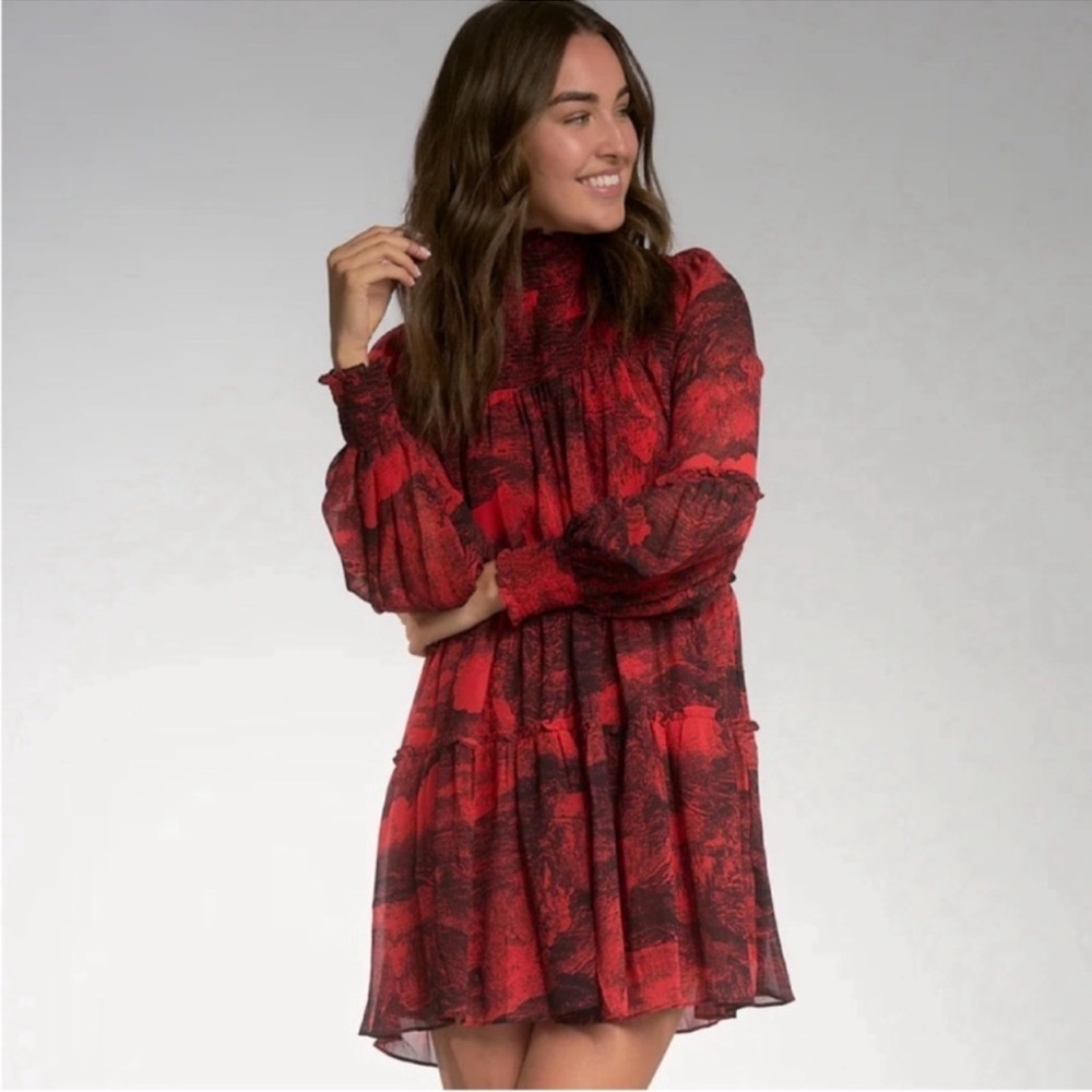 BOUTIQUE ELAN Women's Vampy Gothic Romantic Red Mock Neck Flowy Dress Sz S